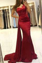 Wine Red One Shoulder Mermaid Prom Dress with Elegant Ruffles