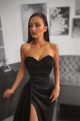 Charming Black Sweetheart Applique Pleated Evening Prom Dress with Slit