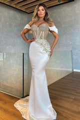 Elegant Off-Shoulder White Mermaid Prom Dress with Sparkling Appliques and Long Train