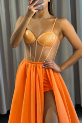 Elegant Orange A-Line Spaghetti Strap Prom Dress with Thigh High Slit