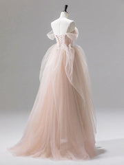 Champagne Pink A-Line Off Shoulder Tulle Lace Long Prom Dress