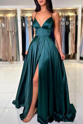 Elegant Spaghetti Strap Satin Formal Dress with Slit - Perfect for Evening Wear