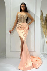Charming Strapless Ruched Satin Mermaid Prom Dress with Side Split and Sweep Train
