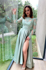 Elegant Dusty Sage Long Sleeve Lace Bodice Evening Prom Dress