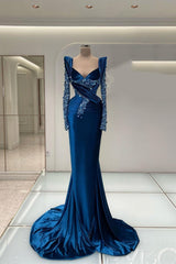 Royal Blue Long Sleeve Mermaid Charmeuse Prom Dress with Beading