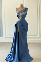 Elegant Blue One Shoulder Mermaid Prom Dress with Beading for Special Occasions