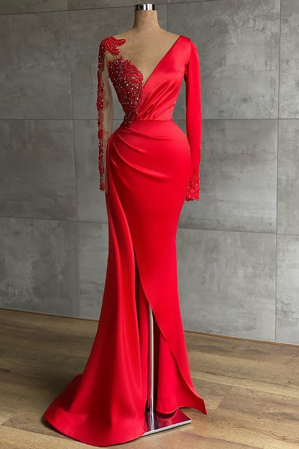 Elegant Red Long Sleeves Mermaid Prom Dress with Beaded Lace Applique