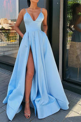 Elegant Spaghetti-Straps Prom Dress with Thigh-High Split and Pockets for Women