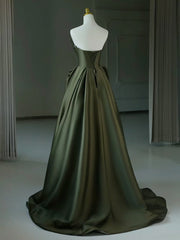 Elegant A-Line V Neck Satin Green Long Prom Dress Evening Gown