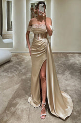 Elegant Champagne Off-Shoulder Prom Dress with Alluring Cut-Out Split Design