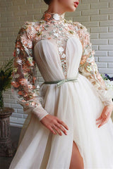 Elegant High Collar White Mermaid Evening Gown with Long Sleeves and Floral Details