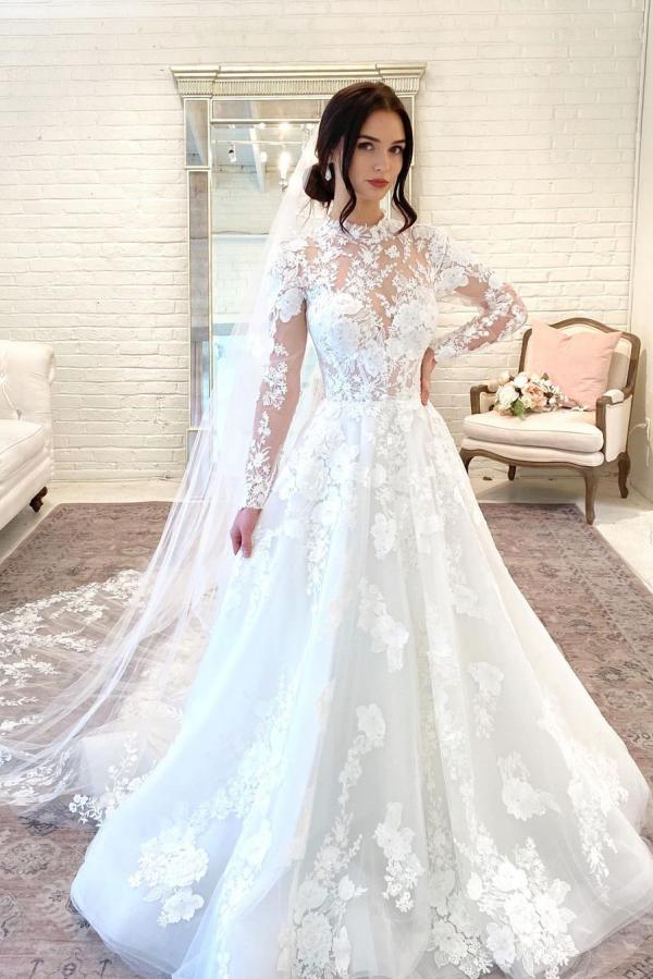 Elegant High-Neck A-Line Wedding Gown with Lace Sleeves and Open Back Design