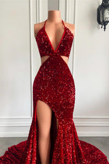 Stunning Wine Red Halter Sequin Mermaid Prom Dress with Slit for Special Occasions