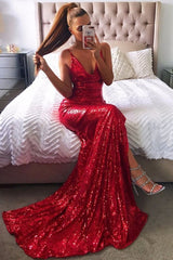 Stunning Backless Red Sequin Prom Dress for Women, Elegant Evening Party Gown