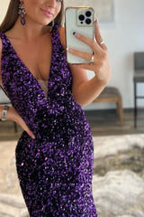 Elegant Purple Sequin Mermaid Prom Dress V-Neck Evening Gown