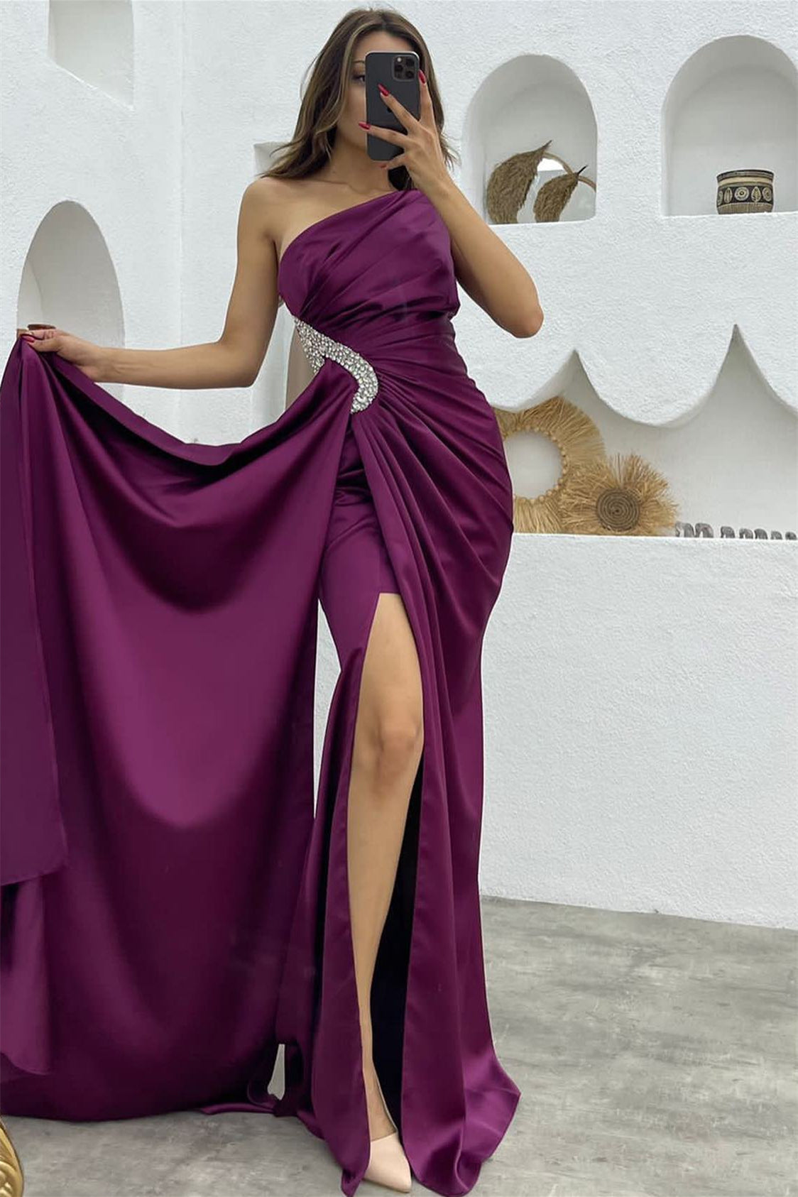 Dark Purple Sequin One Shoulder Mermaid Evening Dress with Split Ruffles