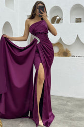 Dark Purple Sequin One Shoulder Mermaid Evening Dress with Split Ruffles