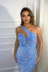 Dazzling Baby Blue Sequin One-Shoulder Mermaid Prom Dress Evening Gown