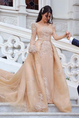 Elegant Long Sleeve Bateau Detachable Tulle Wedding Dress with Cathedral Train