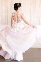 A-Line V-Neck Tulle Wedding Dress with Lace Appliqués Open Back