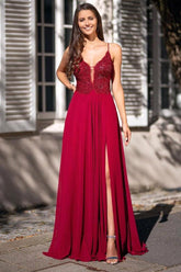 Elegant Spaghetti-Strap V-Neck Prom Gown with Slit and Delicate Appliques