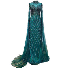 Green Luxury Long Sleeve Sequin Beaded Mermaid Prom Dress Evening Gown