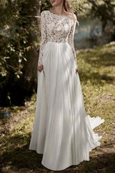 Long Sleeve Lace Bodice Chiffon Wedding Gown with Illusion Back