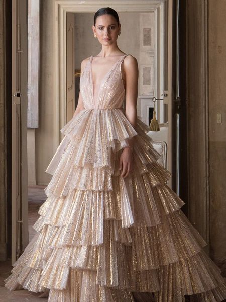 Ball Gown Unique Prom Dress Tiered Skirt Formal Evening Wear