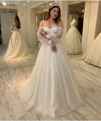 Elegant A-Line Wedding Dress with Spaghetti Straps and Long Sleeves