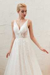 Elegant A-Line V-Neck Lace Tulle Wedding Dress with Open Back and Floor Length
