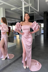 Elegant Pink Strapless Mermaid Prom Dress with Split and Sleeves