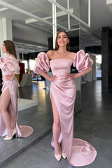 Elegant Pink Strapless Mermaid Prom Dress with Split and Sleeves