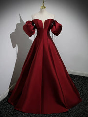 Elegant A-Line Puff Sleeve Satin Burgundy Long Prom Dress