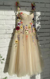 Light Champagne Formal Evening Gown with Colorful Pattern and Straps