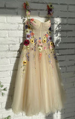 Light Champagne Formal Evening Gown with Colorful Pattern and Straps