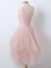 Elegant V-Neck Pink Lace Short Prom Dress, Ideal for Graduation & Homecoming Events