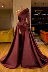 Elegant One-Shoulder Long Sleeve Prom Gown with Flowy Overskirt & Thigh Split