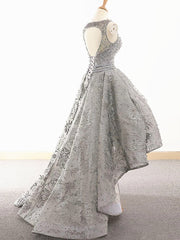 Gray Lace High Low Prom Dress, Formal Graduation Homecoming Gown