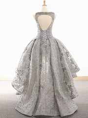 Gray Lace High Low Prom Dress, Formal Graduation Homecoming Gown