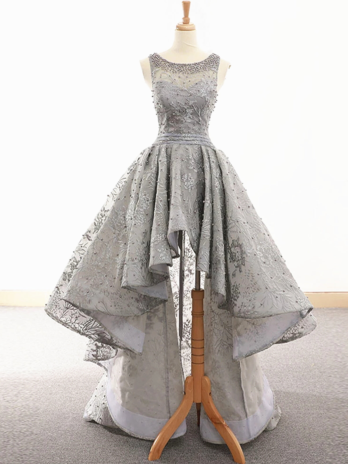 Gray Lace High Low Prom Dress, Formal Graduation Homecoming Gown