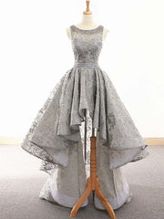 Gray Lace High Low Prom Dress, Formal Graduation Homecoming Gown
