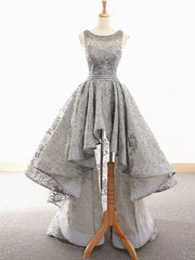 Gray Lace High Low Prom Dress, Formal Graduation Homecoming Gown