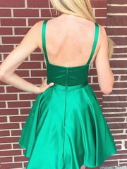 Elegant Green Satin Backless Short Prom Homecoming Cocktail Party Dress