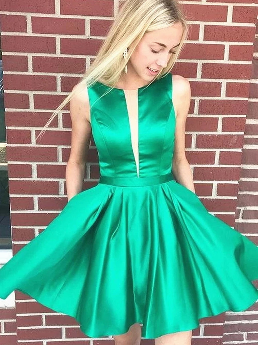 Elegant Green Satin Backless Short Prom Homecoming Cocktail Party Dress