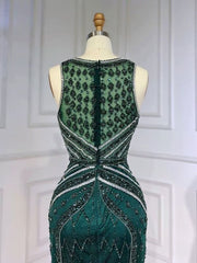 Elegant Green Sequin Prom Dress with Beaded V-Neck and Feather Accents