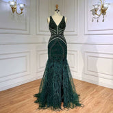 Elegant Green Sequin Prom Dress with Beaded V-Neck and Feather Accents