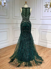 Elegant Green Sequin Prom Dress with Beaded V-Neck and Feather Accents