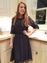 Elegant Black Lace Prom Dress: Half Sleeves, Beaded Details, Formal Graduation Evening Gown