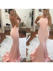 Elegant Mermaid Satin Halter Sleeveless Prom Dress with Ruffles - Sweep Train