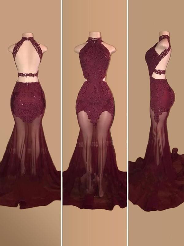 Elegant Halter Mermaid Prom Dress, Sleeveless Tulle Gown, Applique Embellished Court Train